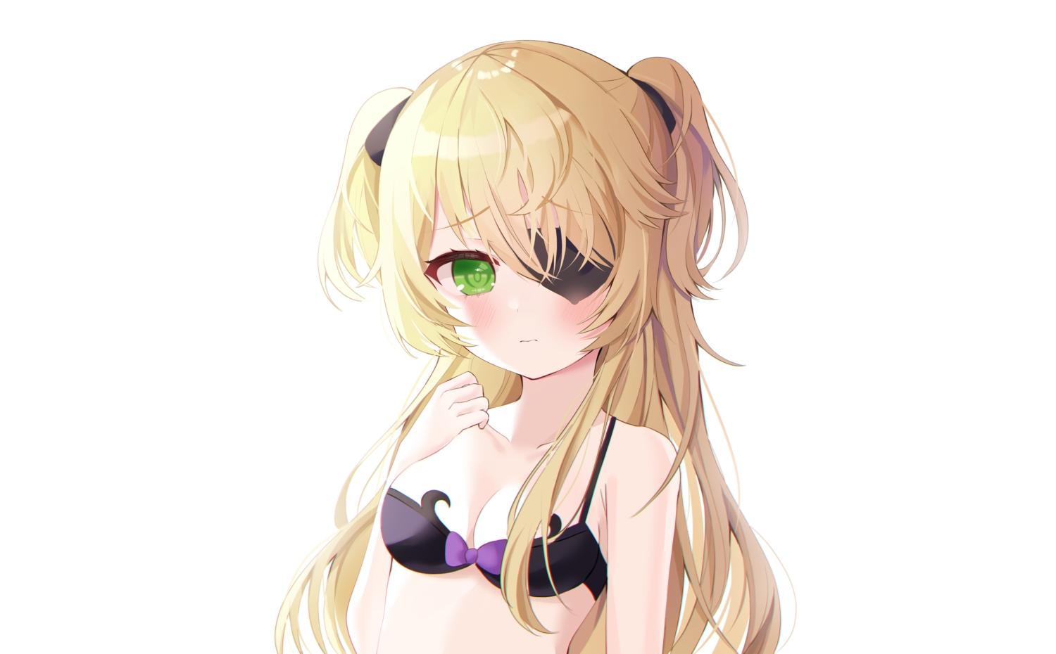 blonde_hair, blush, bra, breasts, cleavage, eyepatch, fischl_(genshin_impact), genshin_impact