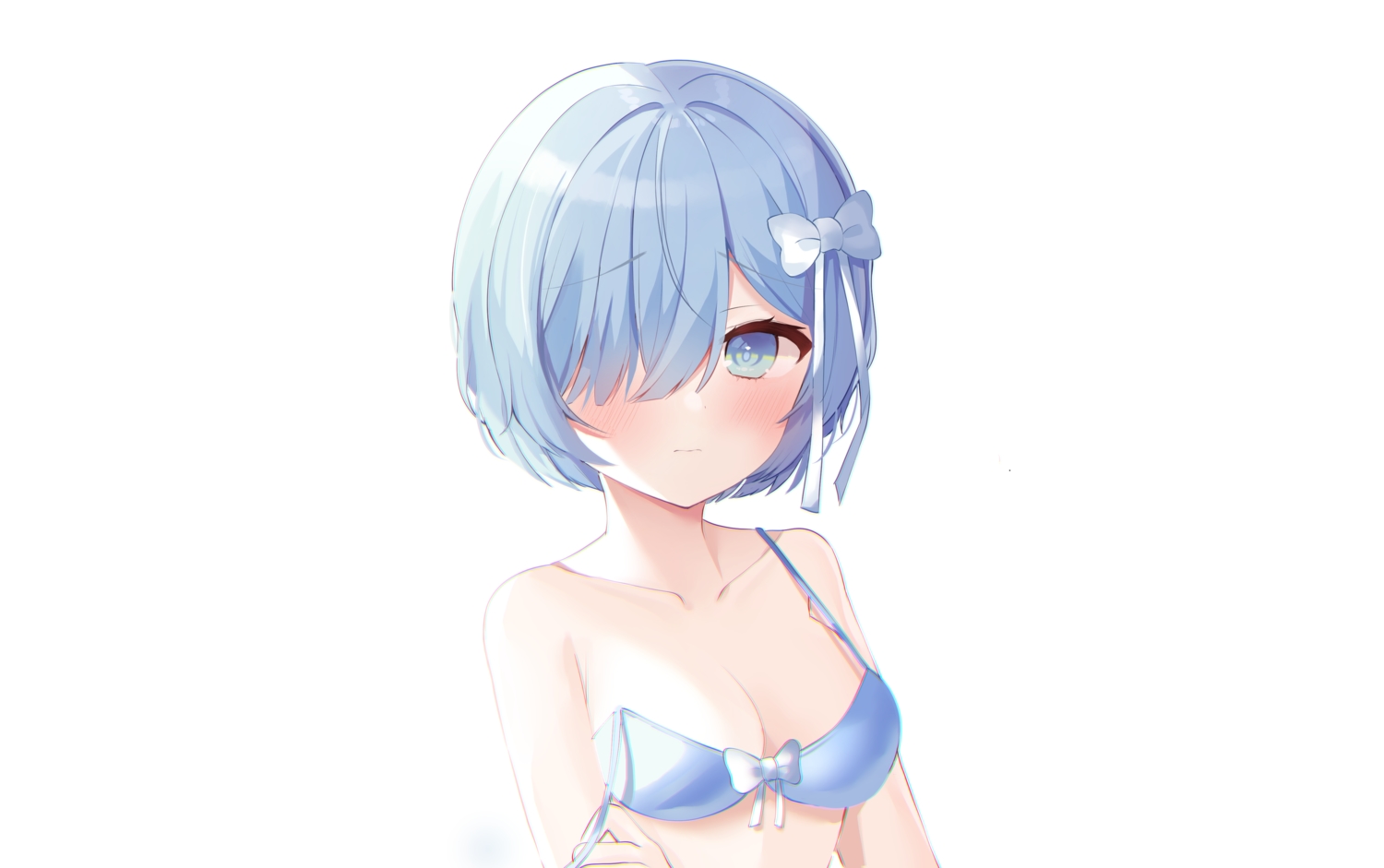 aqua_eyes, aqua_hair, blush, bow, bra, breasts, cleavage, nannung, polychromatic, rem_(re:zero), re:zero_kara_hajimeru_isekai_seikatsu, short_hair, underwear, white