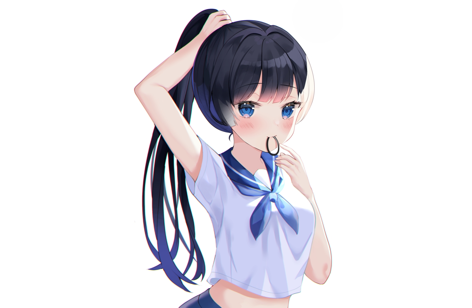black_hair, blue_eyes, blush, long_hair, nannung, original, ponytail, school_uniform