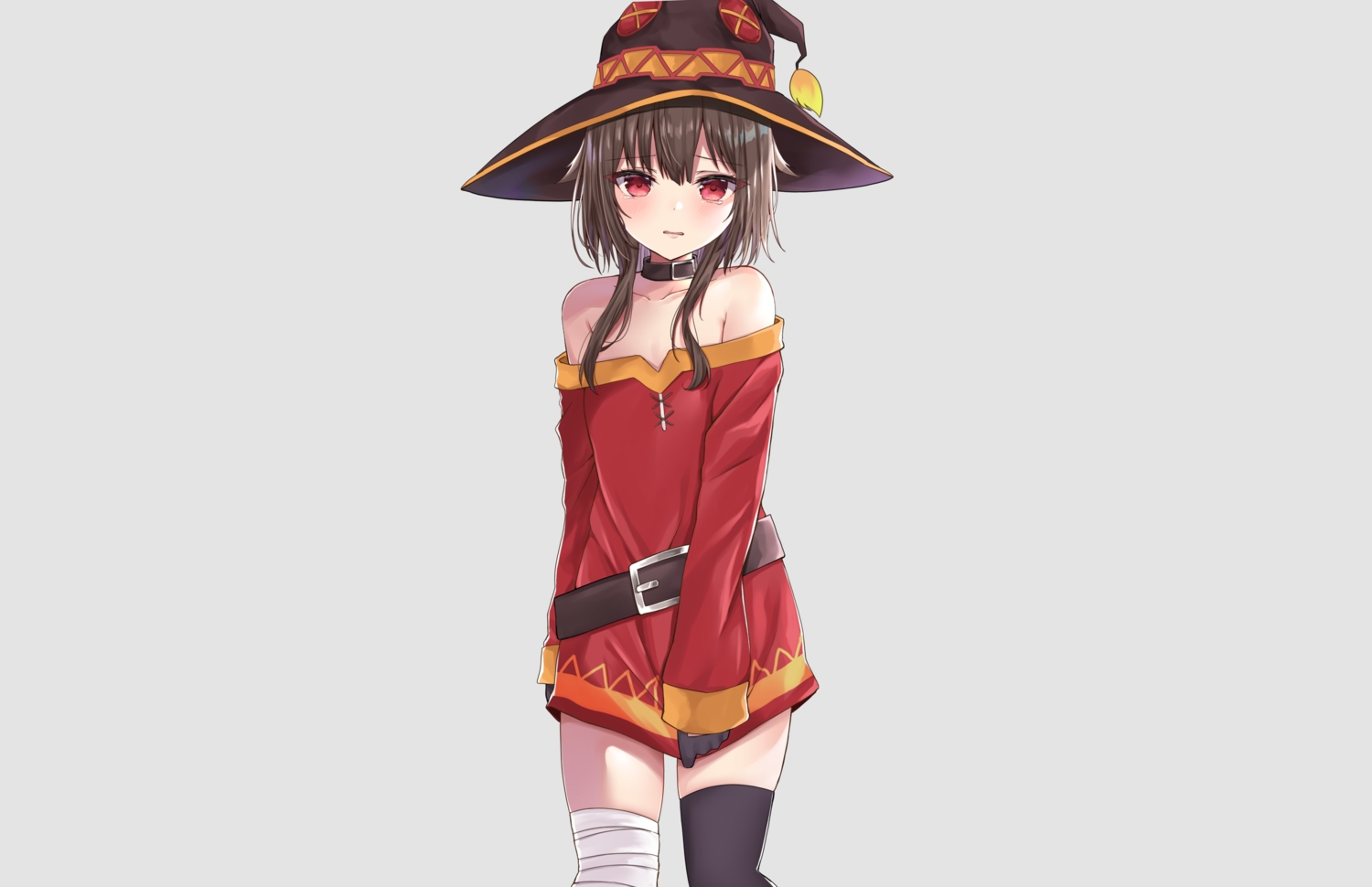 akino_ell, bandage, blush, brown_hair, collar, dress, flat_chest, gray, hat, kono_subarashii_sekai_ni_shukufuku_wo!, megumin, no_bra, red_eyes, short_hair, tears, thighhighs, third-party_edit, witch_hat, zettai_ryouiki