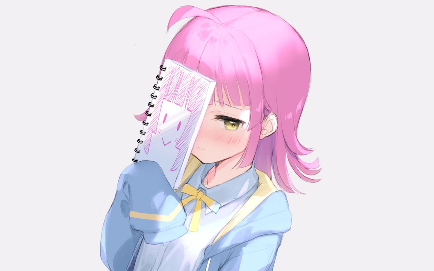 blush, gray, hood, love_live!_nijigasaki_high_school_idol_club, love_live!_school_idol_project, mignon, paper, pink_hair, school_uniform, short_hair, sketch, tennouji_rina, yellow_eyes