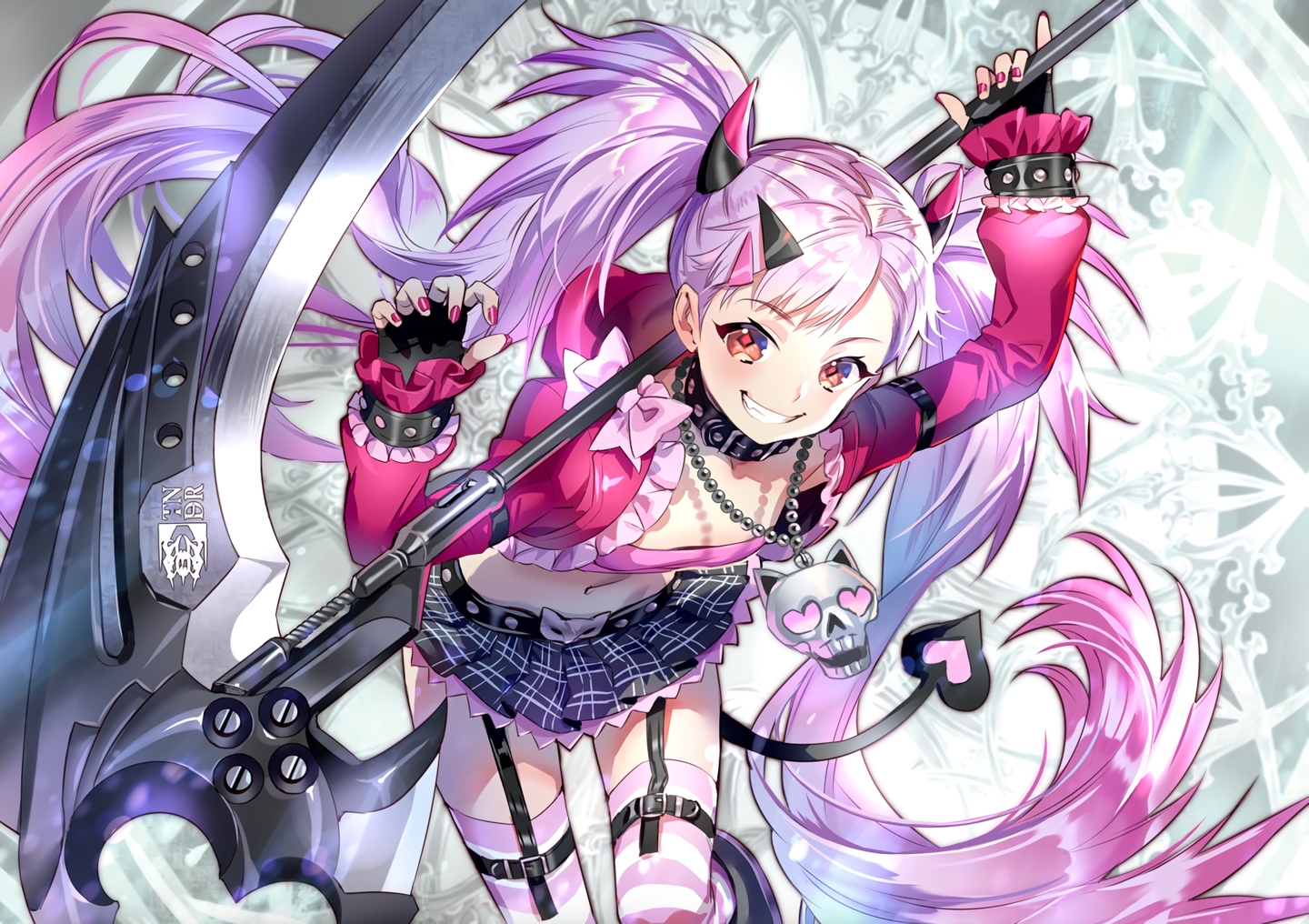 collar, cropped, fang, flat_chest, foo_midori, garter_belt, gloves, hood, horns, long_hair, navel, necklace, purple_hair, red_eyes, scythe, skirt, tail, thighhighs, twintails, waifu2x, weapon, wristwear, zenonzard, zettai_ryouiki