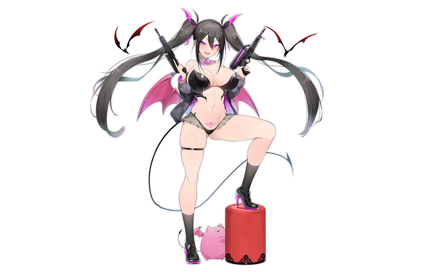 animal, bat, black_hair, breasts, cleavage, garter, gun, kneehighs
