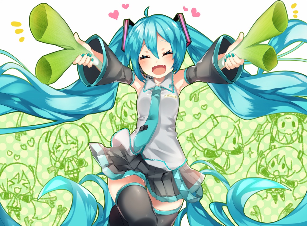 aqua_hair, fang, hatsune_miku, heart, leek, long_hair, matatabi_dango, microphone, skirt, thighhighs, tie, twintails, vocaloid