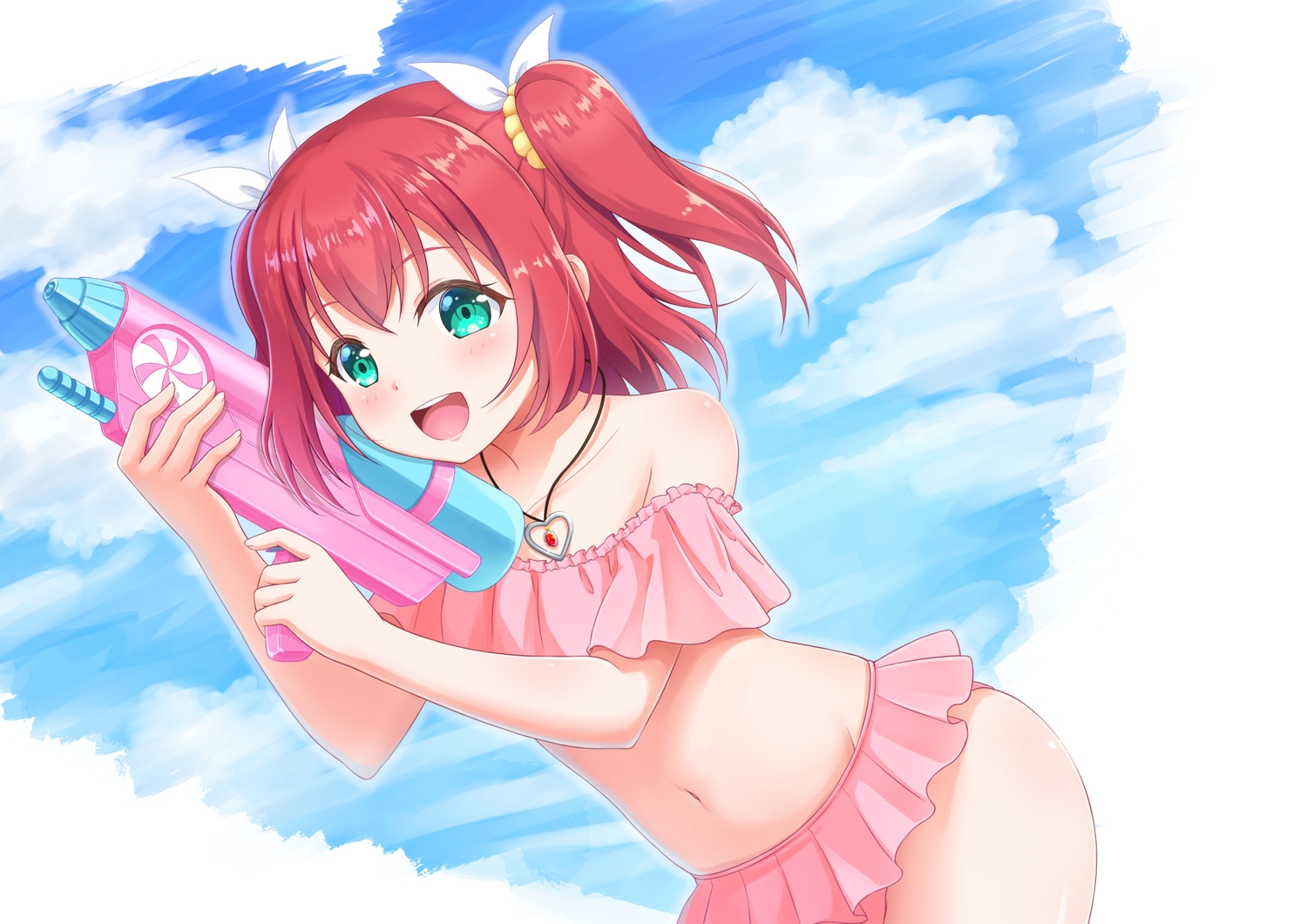 7fuji_06, bikini, blush, clouds, flat_chest, green_eyes, gun, kurosawa_ruby, love_live!_school_idol_project, love_live!_sunshine!!, necklace, red_hair, short_hair, sky, swimsuit, twintails, weapon