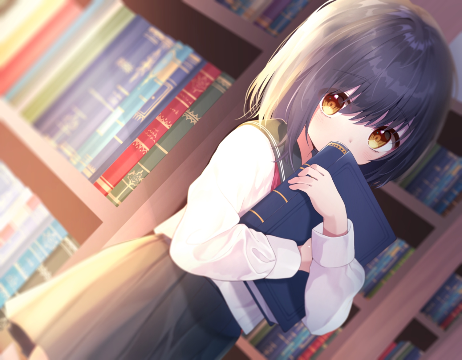 black_hair, blush, book, brown_eyes, nufucha, original, school_uniform, short_hair, skirt