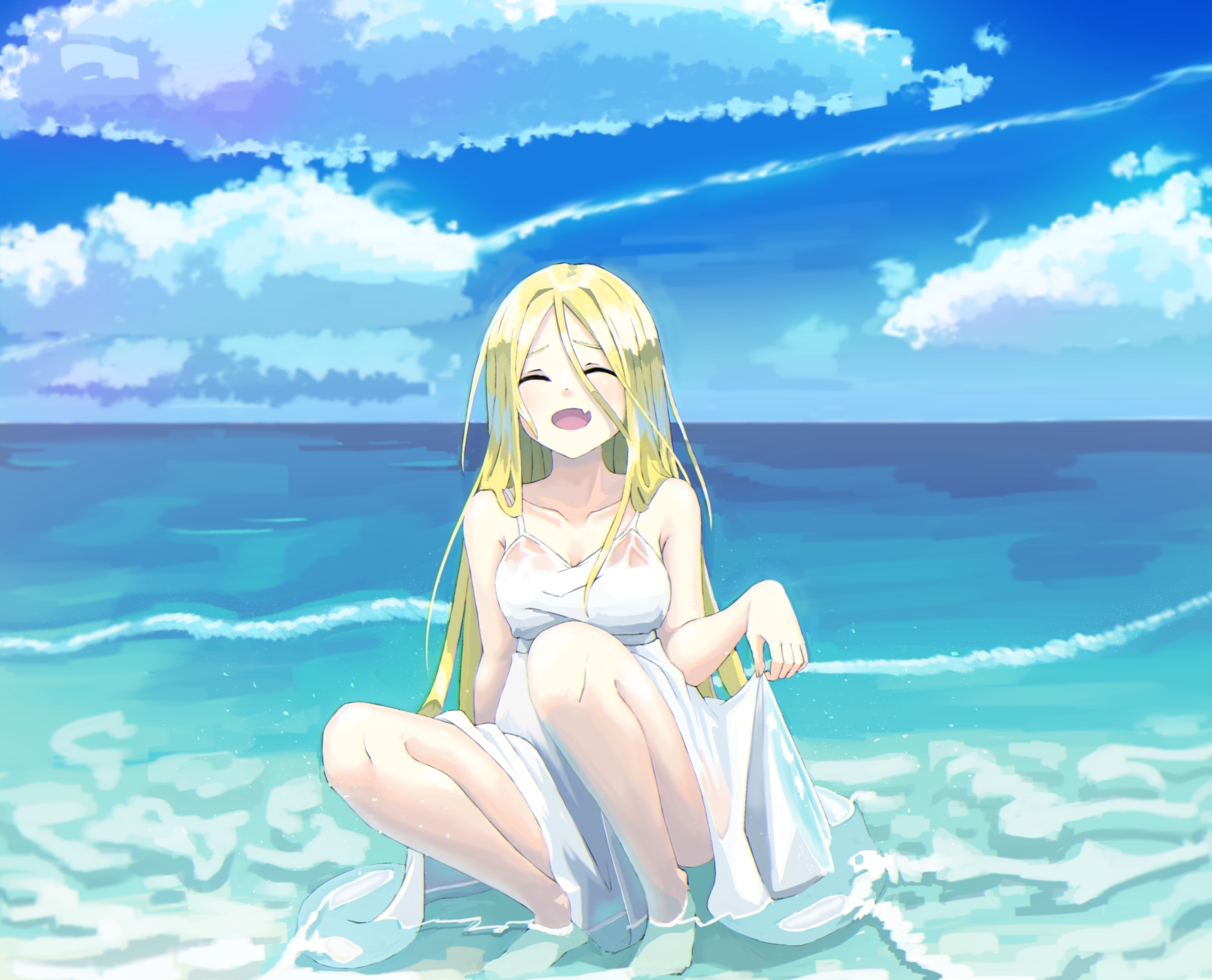 barefoot, beach, blonde_hair, clouds, cropped, dress, fang, long_hair, original, sansu, see_through, sky, summer_dress, water, wet