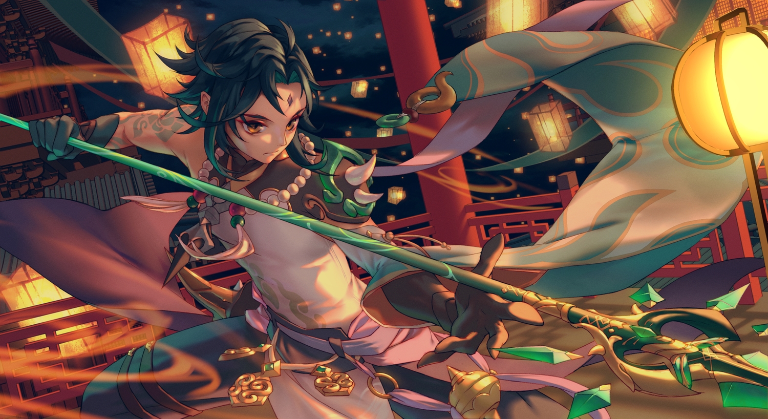 all_male, armor, elbow_gloves, genshin_impact, gloves, green_hair, lilithbloody, male