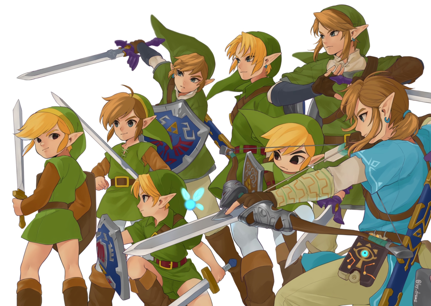 all_male, black_eyes, blonde_hair, blue_eyes, boots, bow_(weapon), brown_hair, chibi