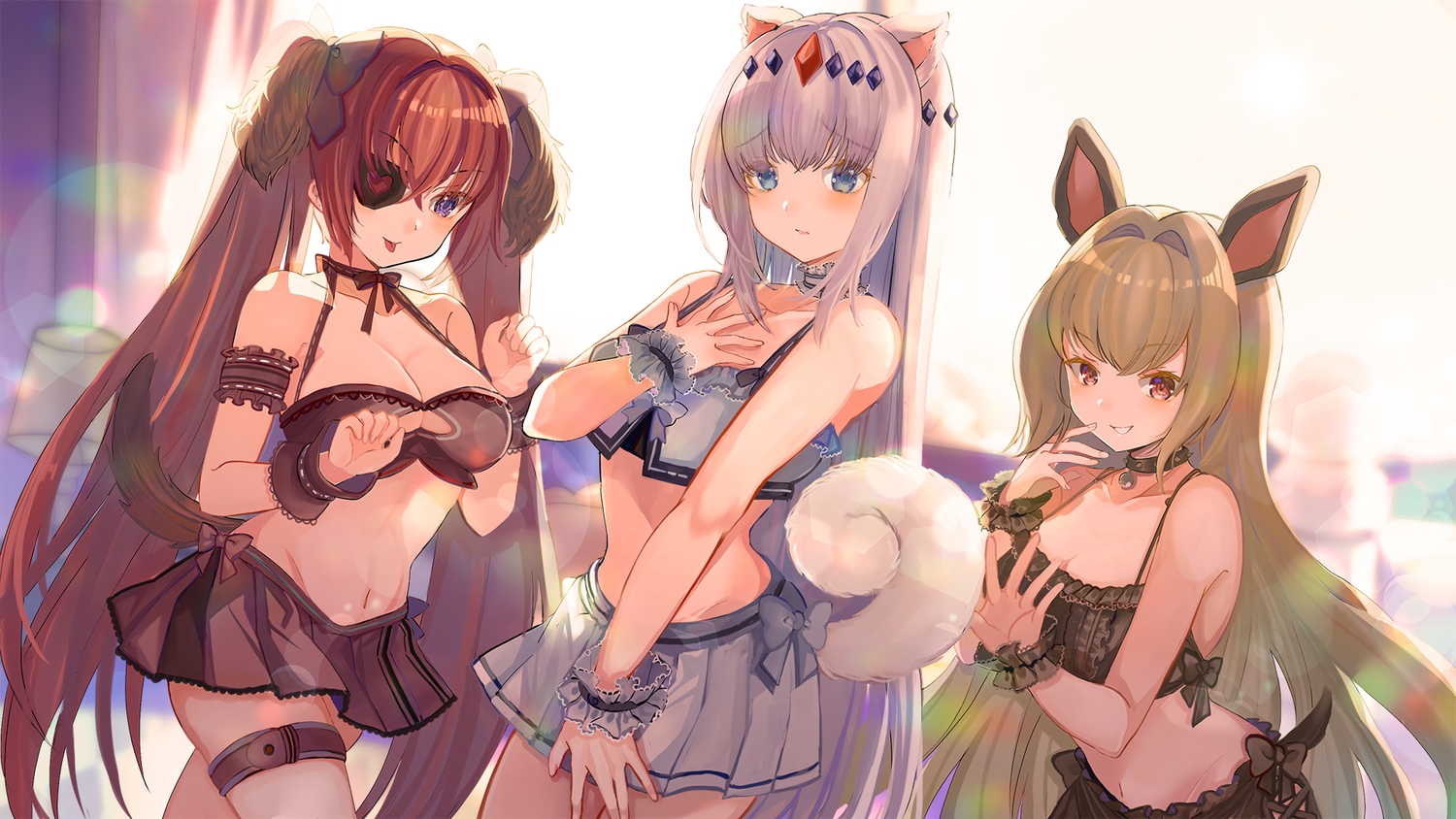 animal_ears, blush, bow, breasts, choker, cleavage, collar, doggirl, eyepatch, garter, gray_hair, long_hair, navel, purple_eyes, shibaebi_(yasaip_game), skirt, tail, twintails