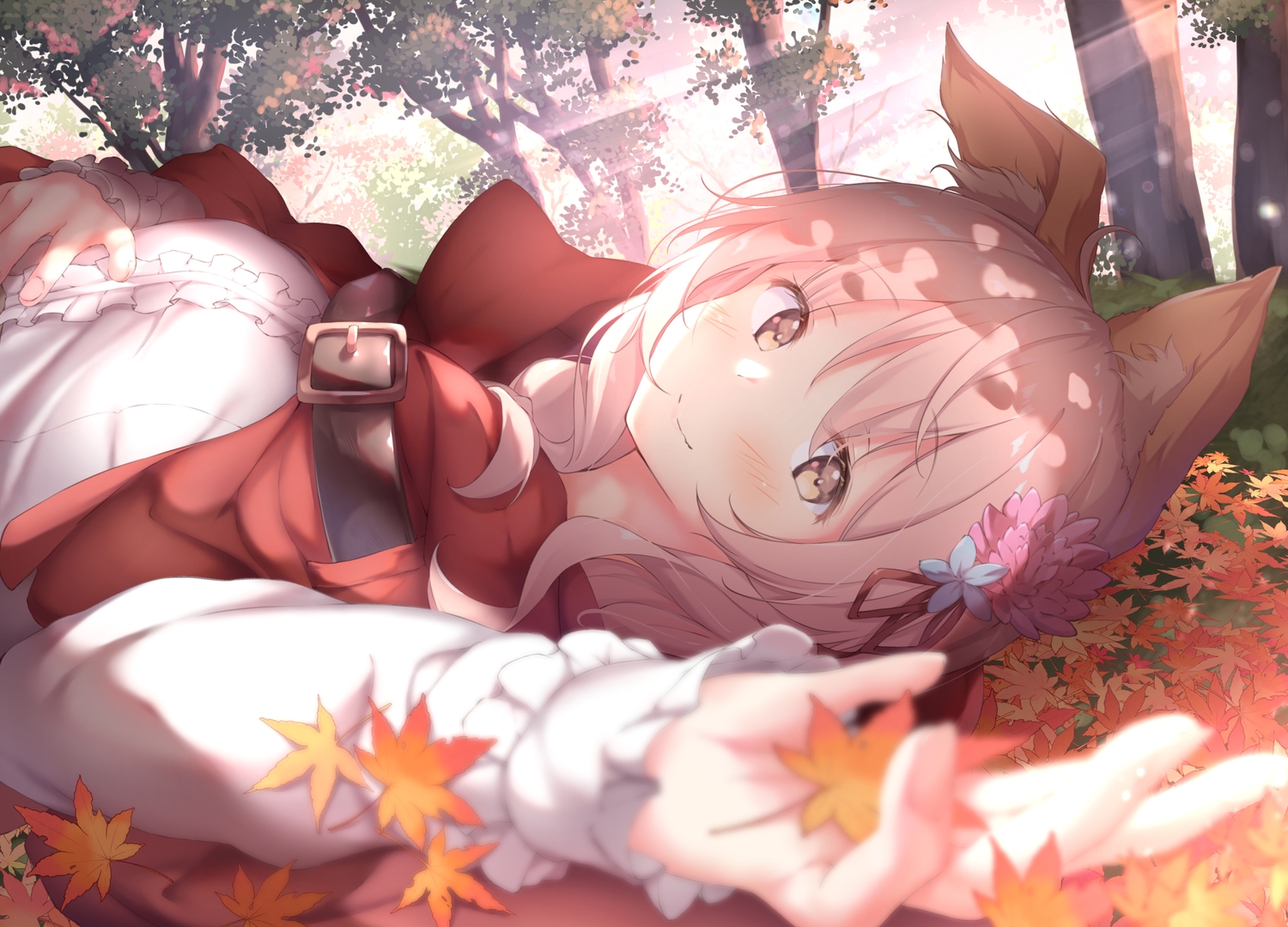 animal_ears, autumn, blush, brown_eyes, cape, chiisana_mori_no_ookami-chan, forest, hood, leaves, ookami-chan, pink_hair, tree, ukiwakisen, wolfgirl