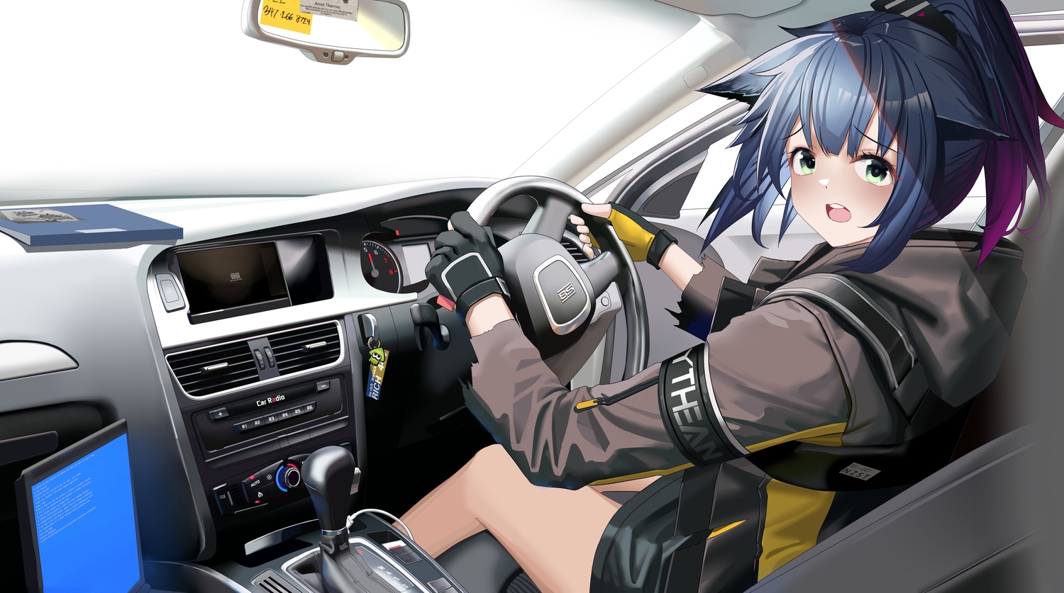 aliasing, animal_ears, arknights, blue_hair, car, computer, gloves, green_eyes