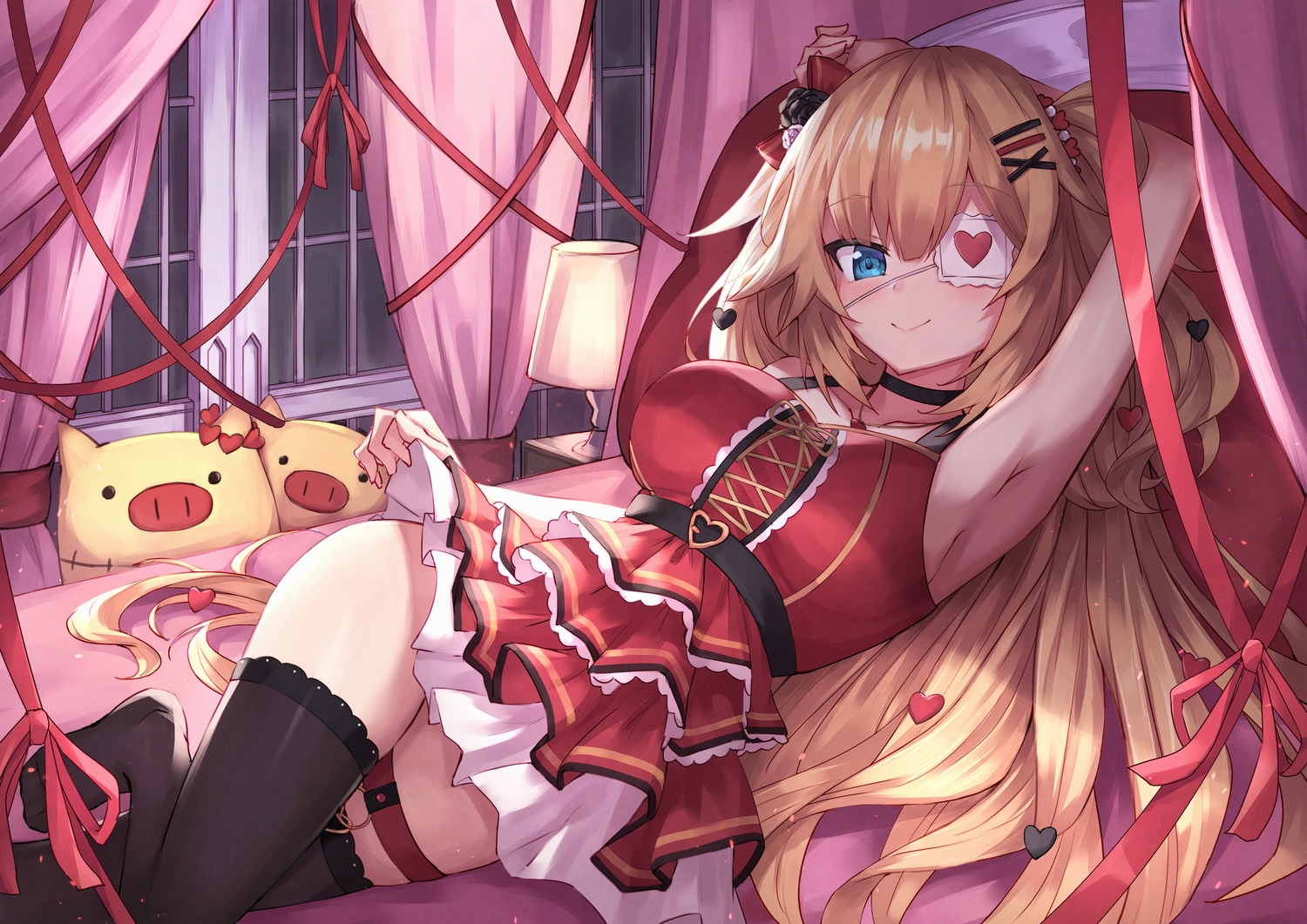 akai_haato, aqua_eyes, bed, blonde_hair, dress, eyepatch, hololive, masaki_(msk064), thighhighs