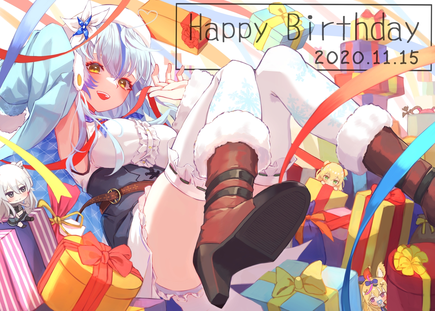 catgirl, chibi, dress, foxgirl, hat, hololive, long_hair, maid, mano_aloe, momosuzu_nene, omaru_polka, roco_(rocoroco1115), shishiro_botan, thighhighs, yellow_eyes, yukihana_lamy