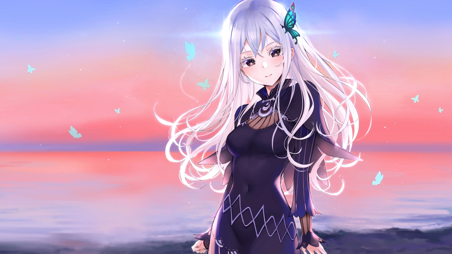 brown_eyes, butterfly, cape, dress, echidna_(re:zero), long_hair, mirei, reflection, re:zero_kara_hajimeru_isekai_seikatsu, sky, sunset, water, white_hair