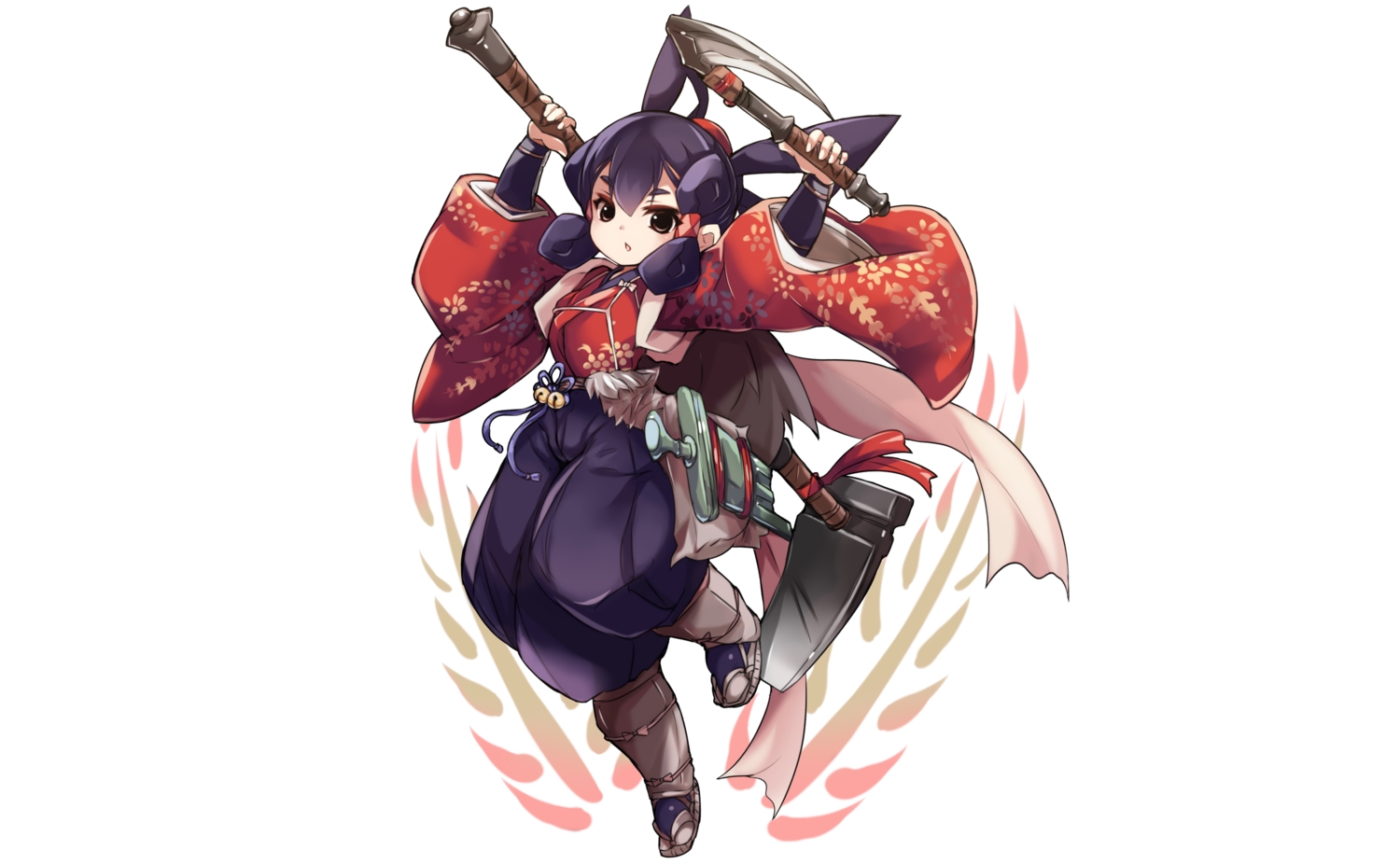 bell, brown_eyes, japanese_clothes, karukan_(monjya), purple_hair, sakuna-hime, scythe, tensui_no_sakuna-hime, weapon, white