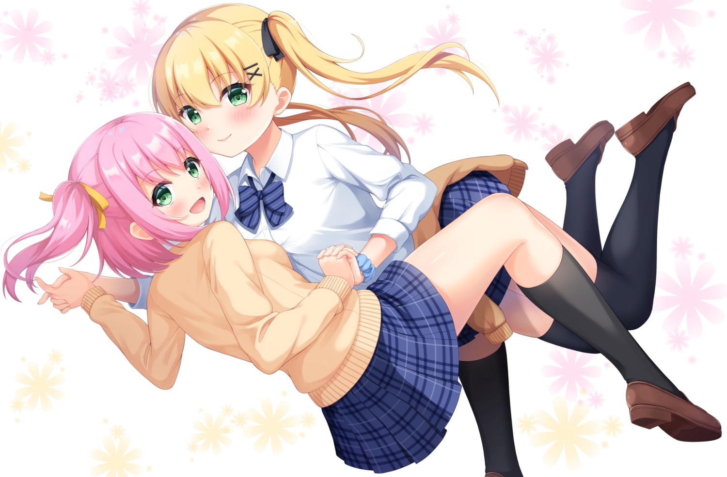 2girls, 7fuji_06, blonde_hair, green_eyes, kneehighs, long_hair, original, pink_hair, ponytail, school_uniform, shoujo_ai, skirt_lift, thighhighs, twintails, zettai_ryouiki