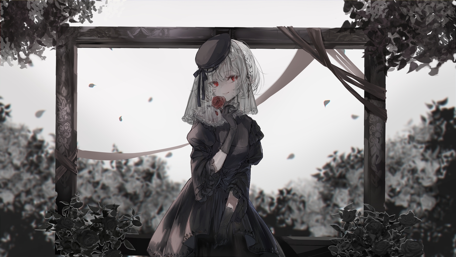 braids, corset, elbow_gloves, flowers, gloves, gothic, hat, headdress, leaves, nekojita_(ika_neko46), original, polychromatic, red_eyes, ribbons, rose, short_hair