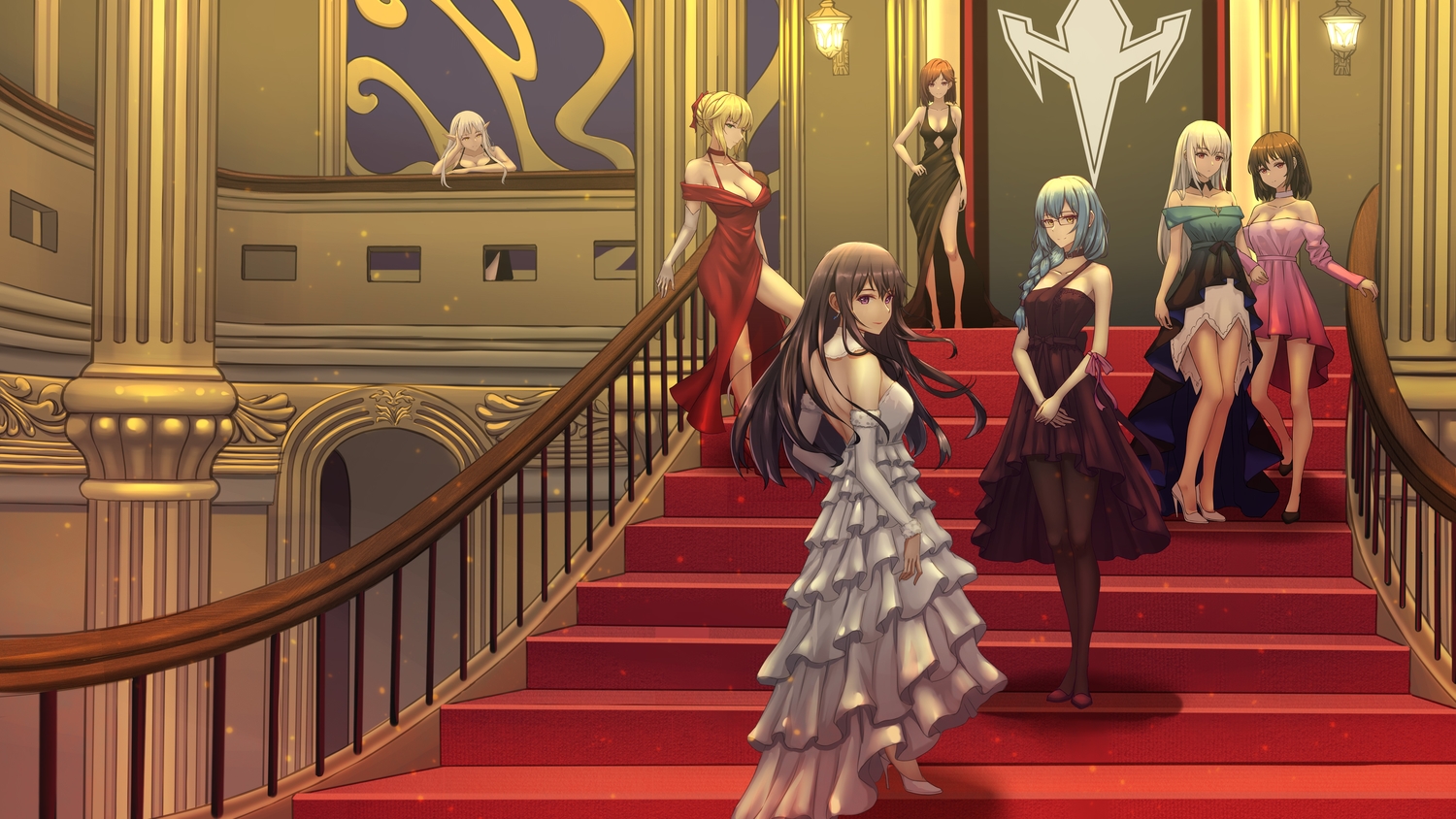 dress, dylannn, glasses, group, original, pantyhose, stairs