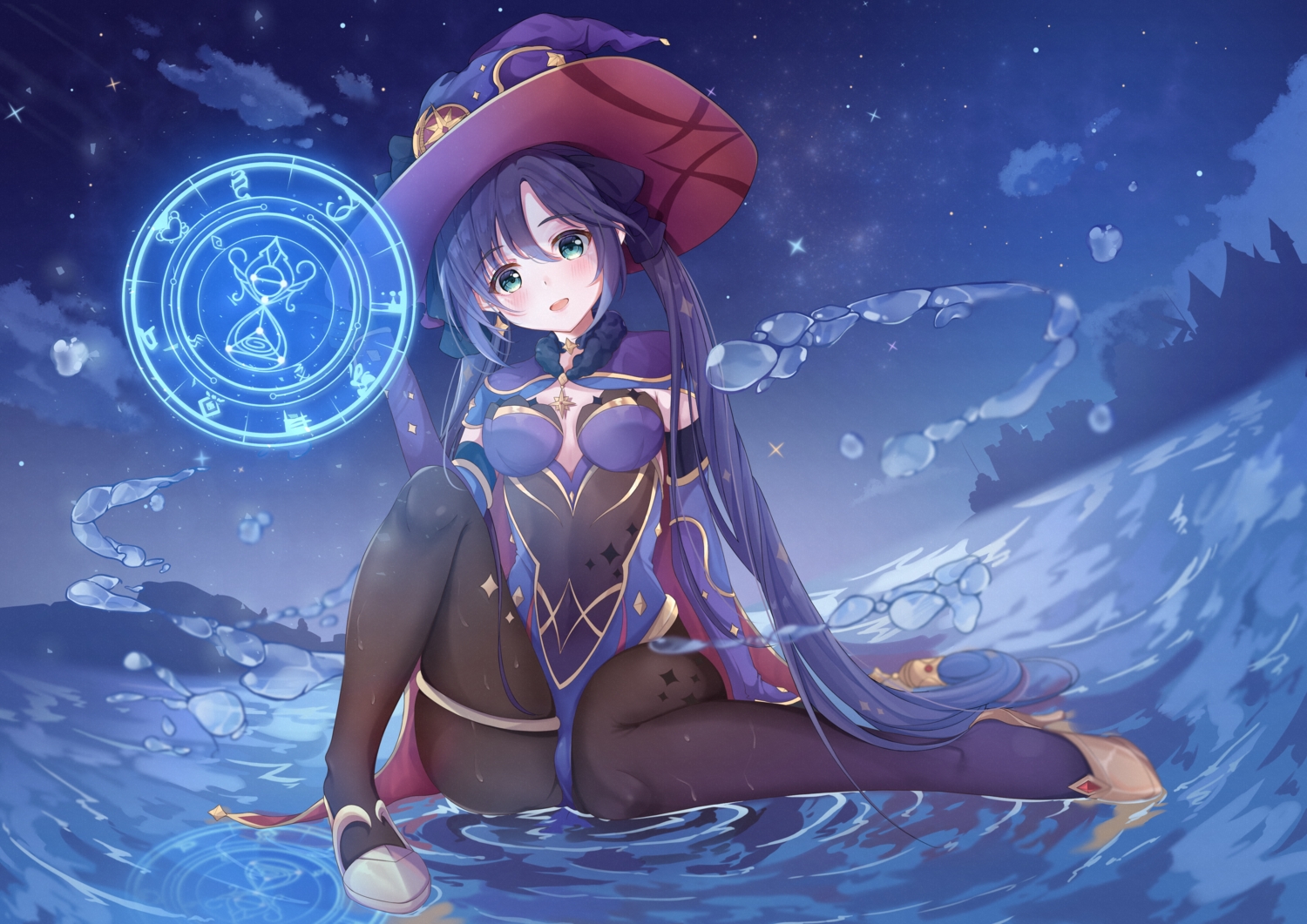 clouds, genshin_impact, green_eyes, hat, long_hair, magic, mona_megistus, nayuuchan, night, purple_hair, sky, stars, twintails, water, witch, witch_hat