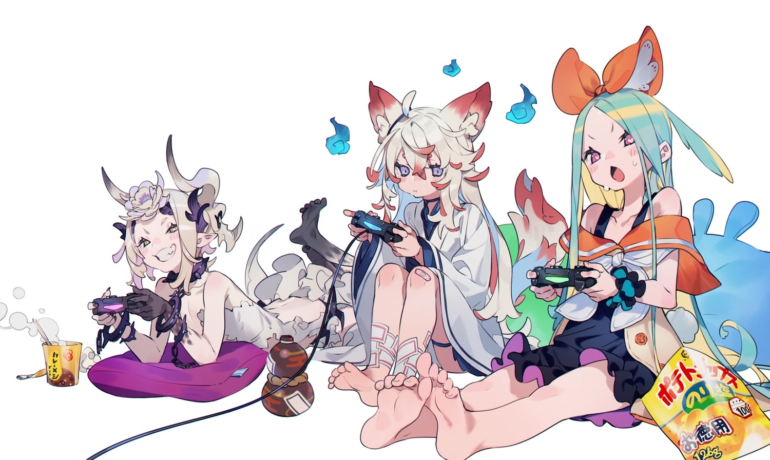 animal_ears, aqua_hair, barefoot, blush, bukurote, chain, collar, demon, dress, drink, fire, flat_chest, food, foxgirl, game_console, garter, horns, japanese_clothes, ofuda, original, pointed_ears, purple_eyes, red_eyes, sake, shackles, tail, third-party_edit, white, white_hair, wristwear, yellow_eyes