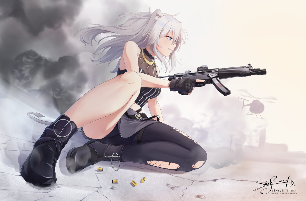 aircraft, aliasing, animal_ears, boots, breasts, catgirl, cleavage, gray_eyes, gray_hair, gun, hololive, long_hair, necklace, see_through, shishiro_botan, signed, skirt, skyrail, tail, torn_clothes, watermark, weapon