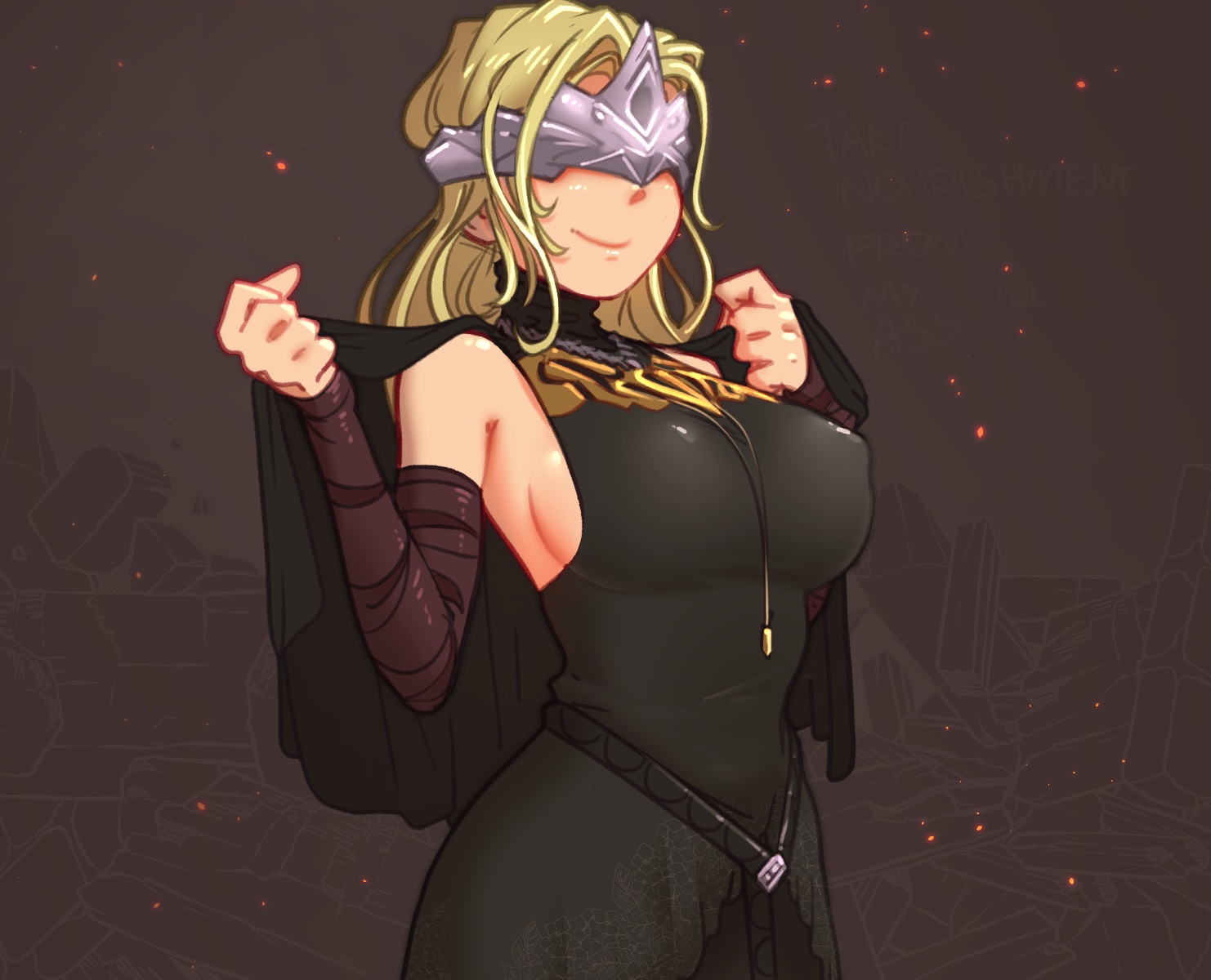 blindfold, blonde_hair, breasts, brown, cape, cropped, dark_souls, dress, erect_nipples, fire_keeper, headdress, justrube, long_hair, necklace, sideboob