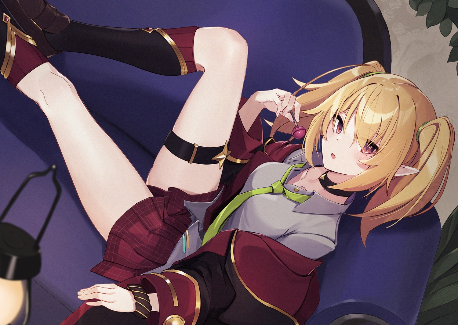 blonde_hair, candy, couch, garter, kneehighs, kuroe_hanako, lollipop, long_hair, pointed_ears, princess_connect!, ranyu, school_uniform, shirt, skirt, skirt_lift, tie, twintails, wristwear