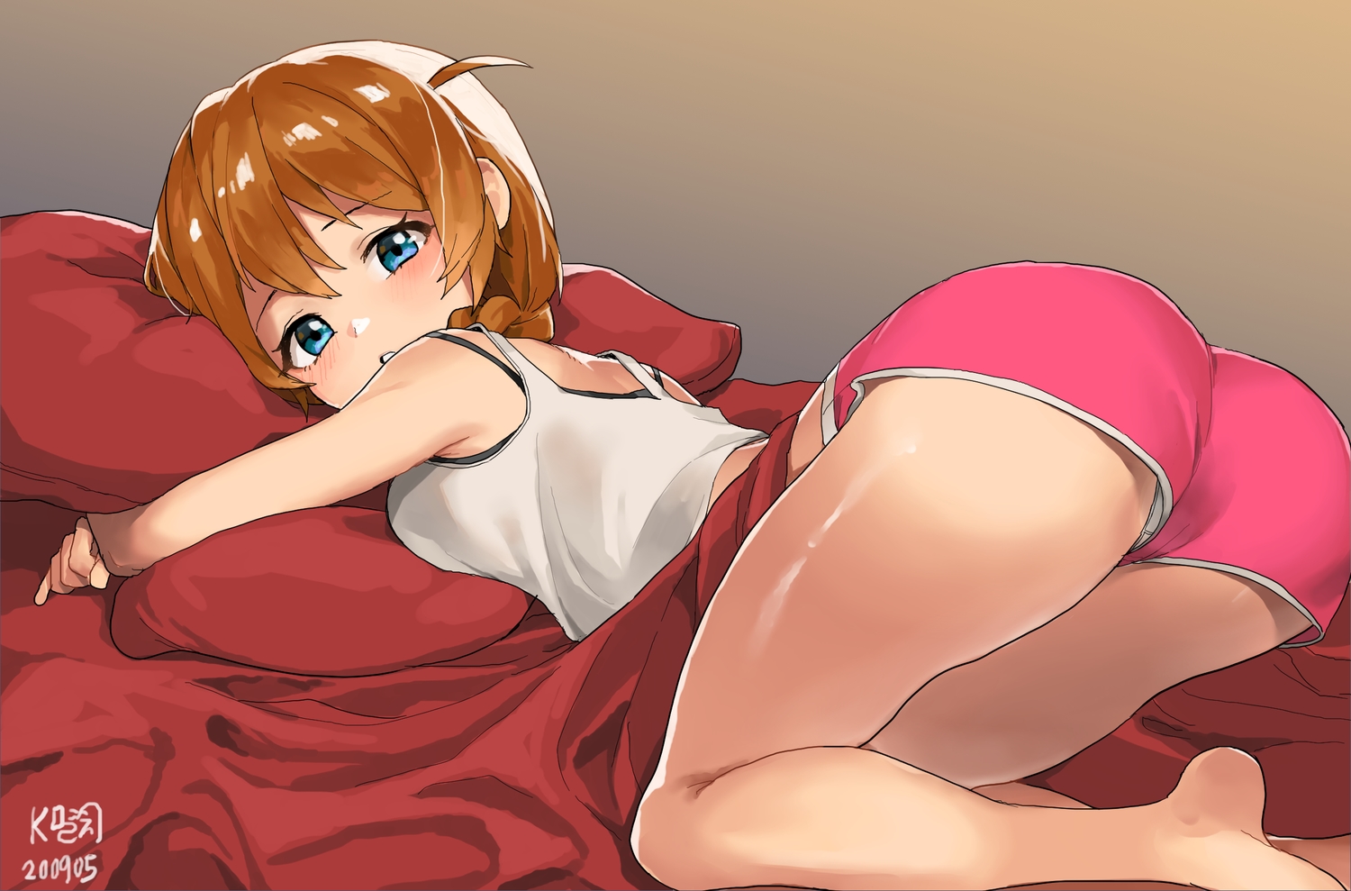 aqua_eyes, ass, baba_konomi, blush, braids, brown_hair, idolmaster, idolmaster_million_live!, myeolchi, ponytail, shorts, signed