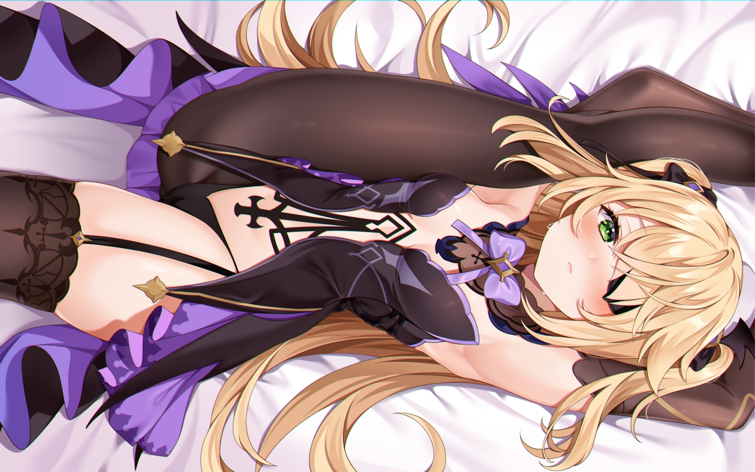 blonde_hair, blush, bow, cameltoe, eyepatch, fischl_(genshin_impact), genshin_impact, green_eyes