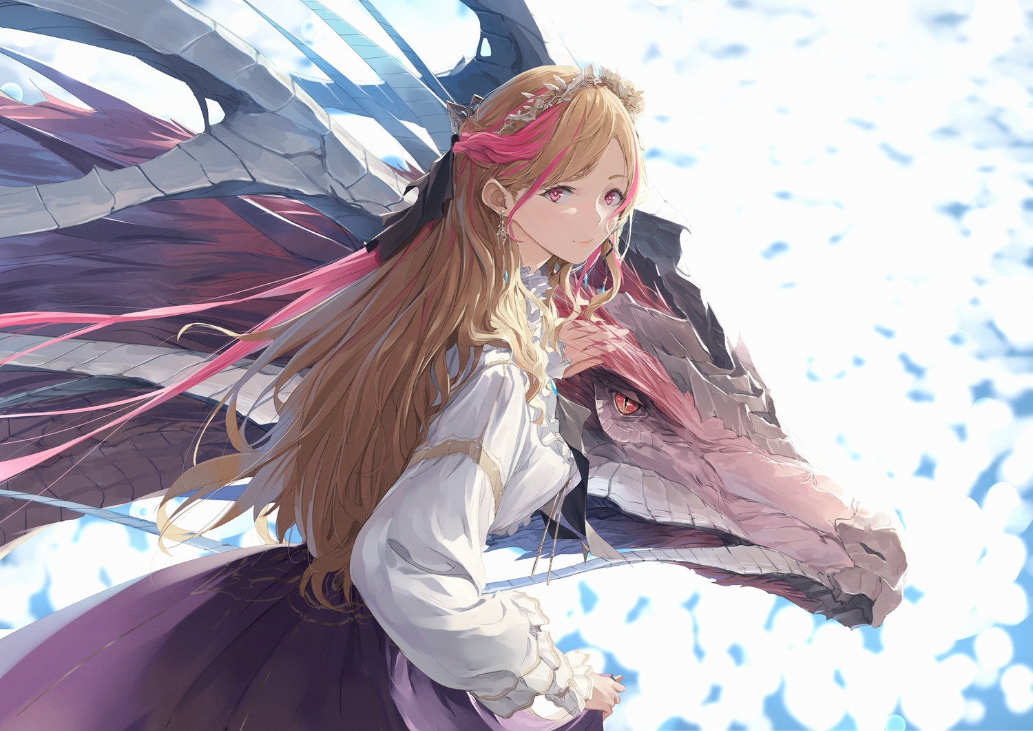 blonde_hair, dragon, headdress, long_hair, original, red_eyes, shirt, skirt