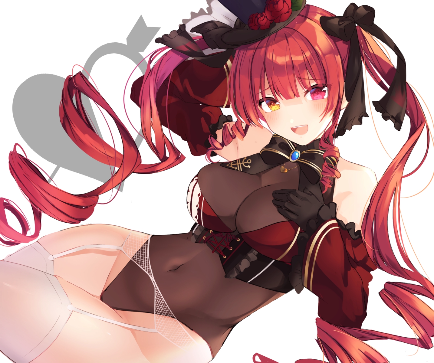 bicolored_eyes, blush, bow, breast_hold, breasts, cleavage, garter_belt, gloves, goroo_(eneosu), goth-loli, hat, hololive, houshou_marine, leotard, lolita_fashion, long_hair, necklace, red_hair, stockings, twintails