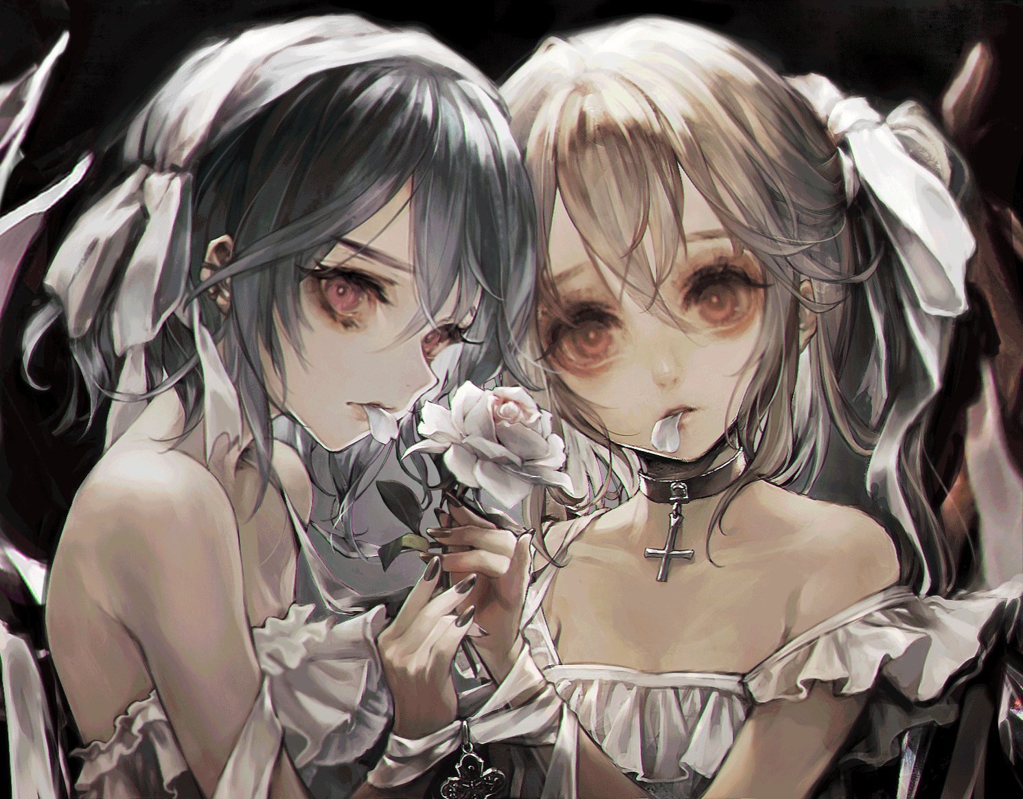 2girls, close, collar, cross, flandre_scarlet, flowers, kanechi, red_eyes