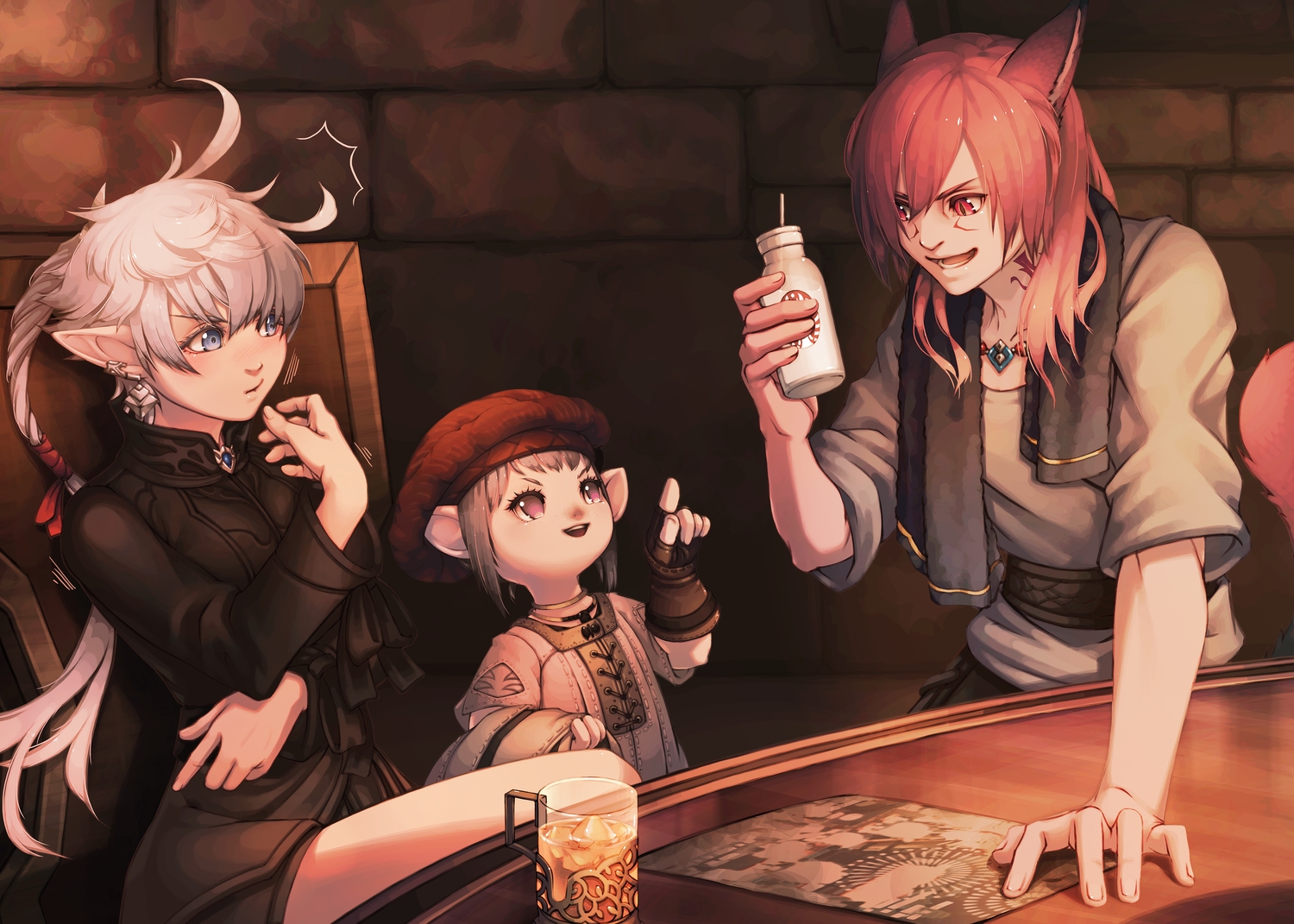 2girls, alisaie_leveilleur, animal_ears, blue_eyes, brown_eyes, brown_hair, catgirl, elezen, final_fantasy, final_fantasy_xiv, gloves, g'raha_tia, hat, lalafell, long_hair, male, mihira_(tainosugatayaki), miqo'te, red_eyes, red_hair, short_hair, tataru_taru, tattoo, towel, white_hair
