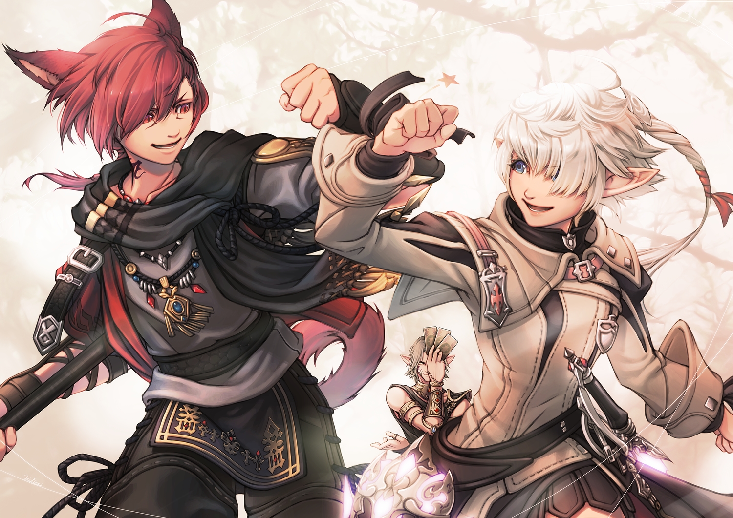 alisaie_leveilleur, animal_ears, blue_eyes, catgirl, elezen, final_fantasy, final_fantasy_xiv, gloves, g'raha_tia, gray_hair, long_hair, male, mihira_(tainosugatayaki), miqo'te, red_eyes, red_hair, scarf, tail, tattoo, urianger_augurelt, weapon