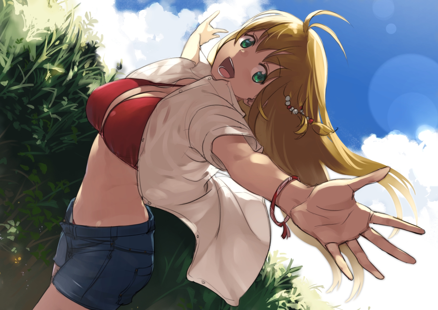 bikini_top, blonde_hair, breasts, cleavage, clouds, grass, green_eyes, long_hair, open_shirt, shorts, sketch, sky, tarokazu, tsurumaki_maki, voiceroid, wristwear