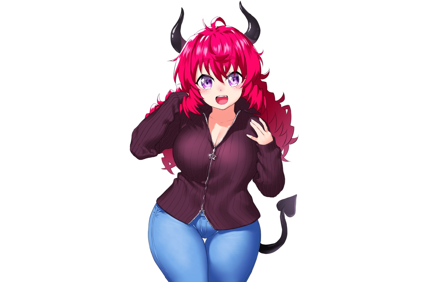 alma_(onsoku_inu), breasts, cleavage, demon, fang, horns, long_hair, onsoku_inu, original, purple_eyes, red_hair, tail, white