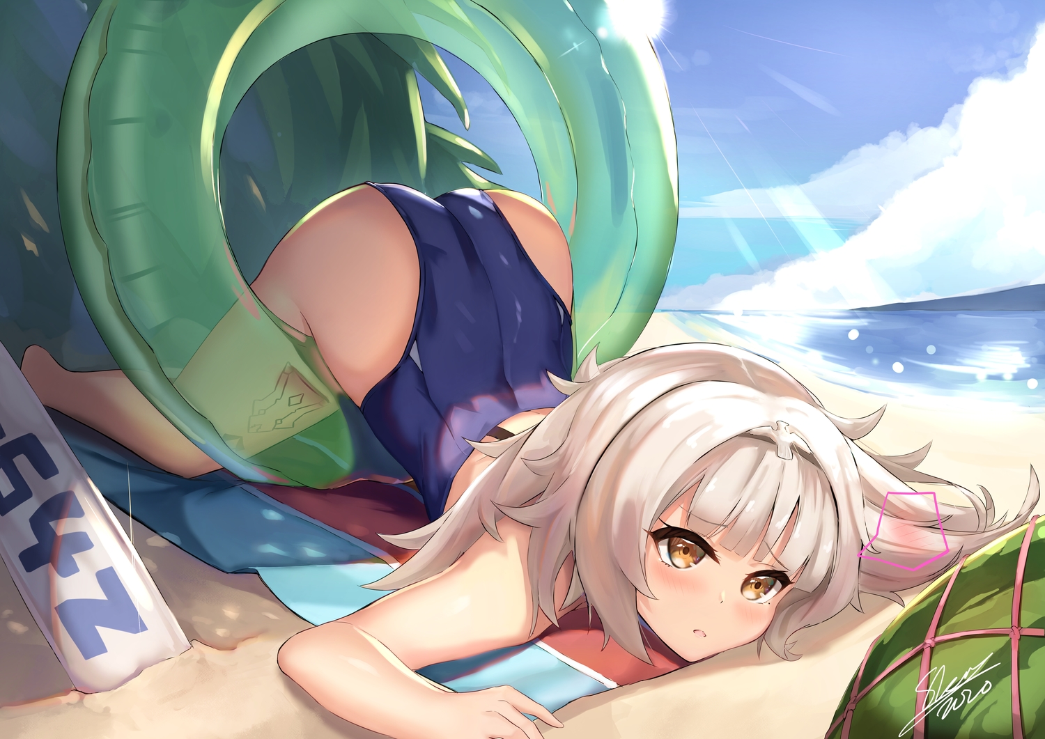 anthropomorphism, ass, azur_lane, beach, brown_eyes, food, fruit, gray_hair