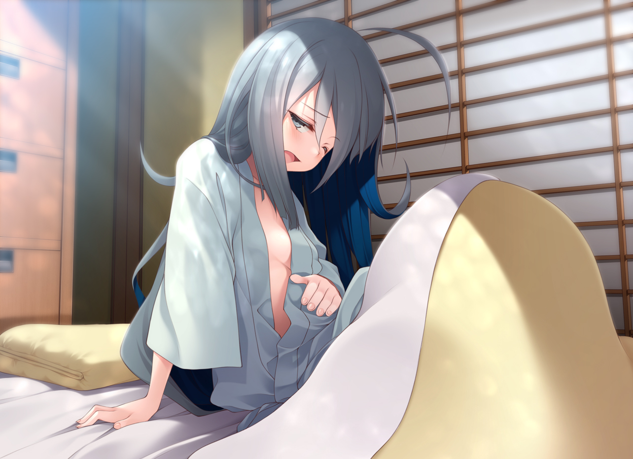 anthropomorphism, gray_eyes, gray_hair, kantai_collection, kiyoshimo_(kancolle), long_hair, mofu_namako, no_bra, open_shirt, wink