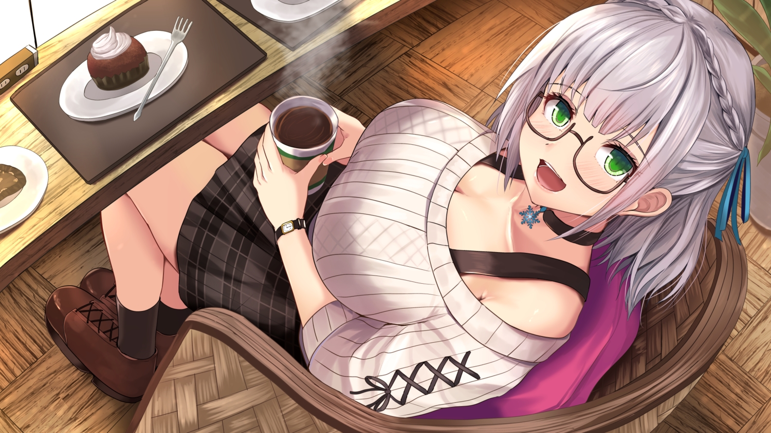 blush, braids, breasts, cake, choker, cleavage, drink, food
