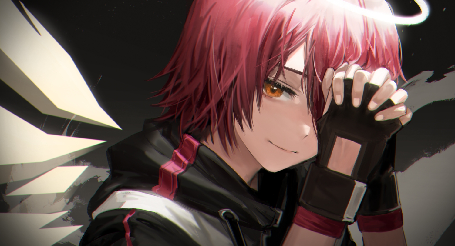arknights, close, exusiai_(arknights), gloves, halo, hood, orange_eyes, red_hair, short_hair, sowb, wings