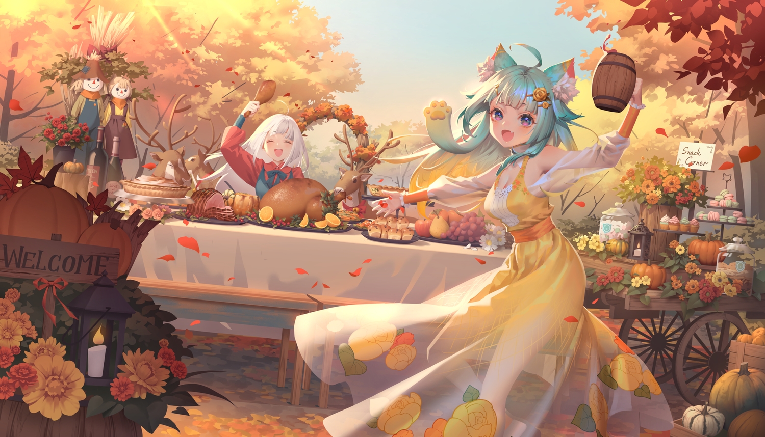 2girls, animal, animal_ears, apple, aqua_hair, autumn, catgirl, dress