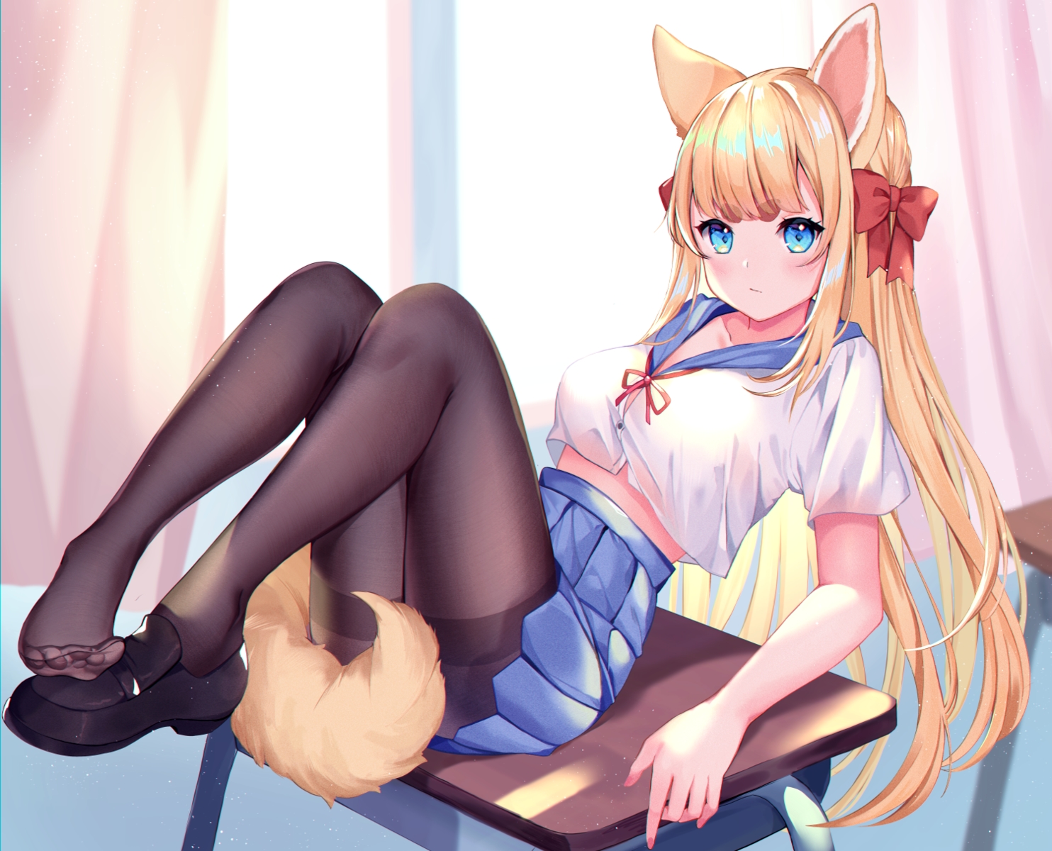 animal_ears, aqua_eyes, blonde_hair, blush, bow, cropped, doggirl, long_hair, original, pantyhose, school_uniform, skirt, tail, yuniiho