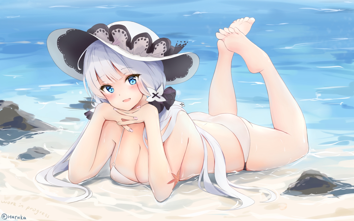 anthropomorphism, aqua_eyes, ass, azur_lane, barefoot, beach, bikini, breasts, cleavage, gray_hair, haruka_poi, hat, illustrious_(azur_lane), long_hair, signed, swimsuit, twintails, water