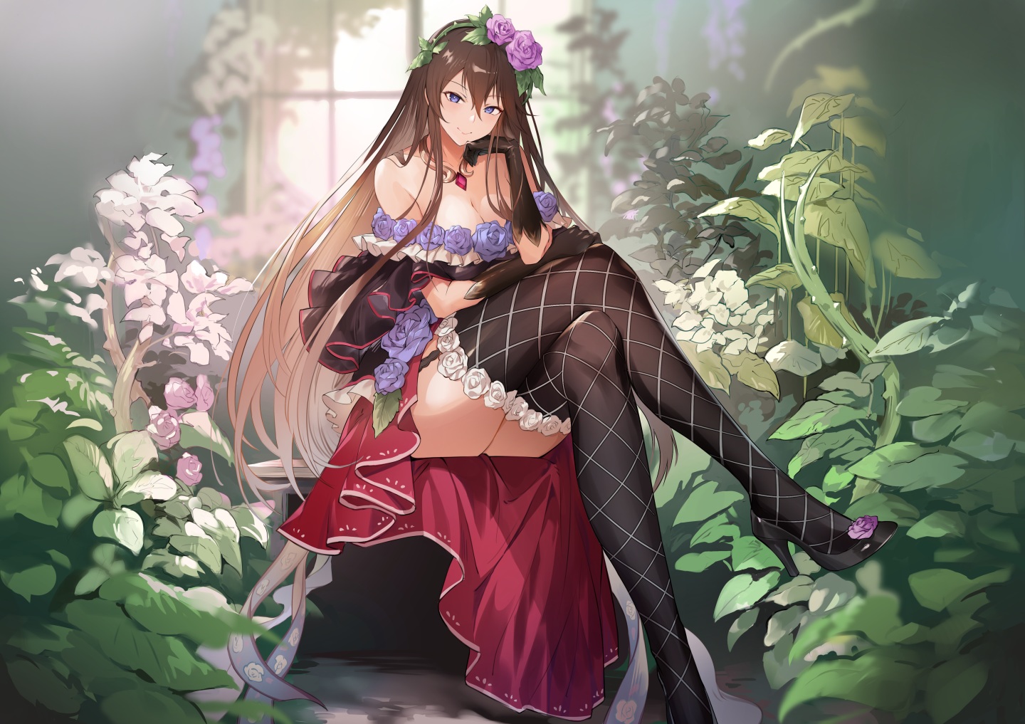 aliasing, blue_eyes, breasts, brown_hair, cleavage, devildogs, dress, elbow_gloves