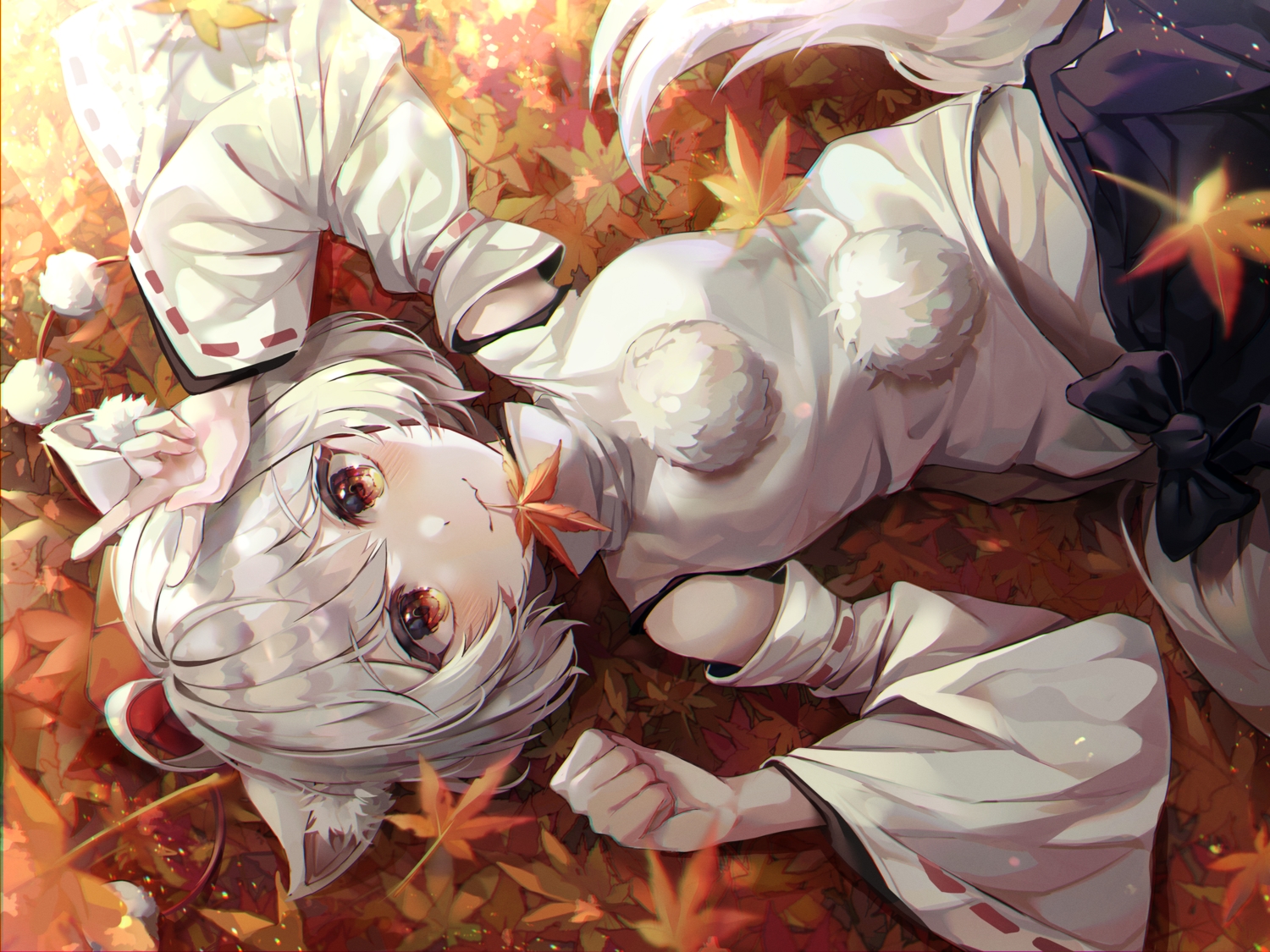 animal_ears, autumn, fang, inubashiri_momiji, japanese_clothes, leaves, mirage48291584, short_hair, tail, touhou, white_hair, wolfgirl
