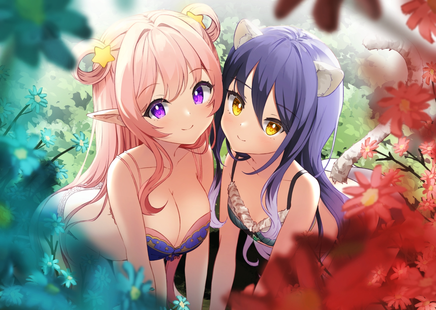 2girls, animal_ears, blue_hair, blush, bra, breasts, catgirl, cleavage, flat_chest, flowers, kashiwazaki_hatsune, kashiwazaki_shiori, kodama_(koda_mat), leaves, long_hair, panties, pink_hair, pointed_ears, princess_connect!, purple_eyes, tail, underwear, yellow_eyes