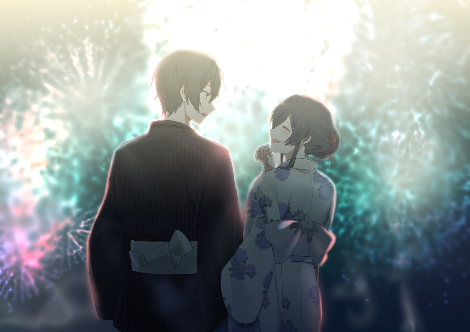 black_hair, blush, fireworks, japanese_clothes, kito_akari, male, osananajimi_no_imouto_no_kaiteikyoushi_wo_hajimetara, short_hair, sinomi, tagme_(character), yukata
