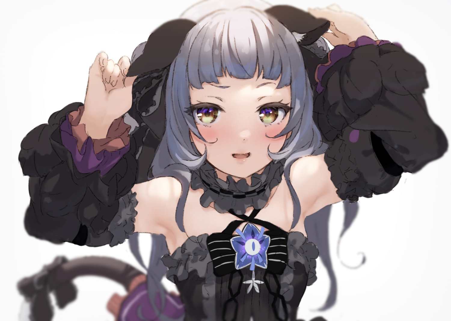 animal_ears, bow, brown_eyes, catgirl, close, flat_chest, gray_hair, hololive