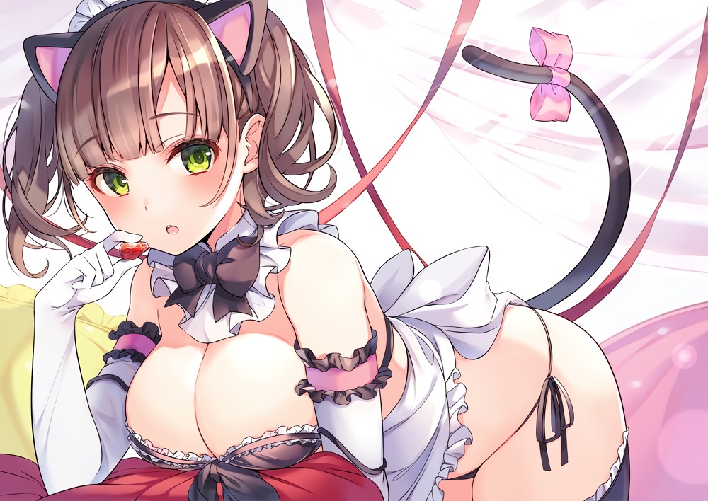 animal_ears, apron, bow, brown_hair, catgirl, elbow_gloves, food, fruit, gloves, green_eyes, headband, maid, original, panties, ringozaka_mariko, strawberry, tail, thighhighs, twintails, underwear